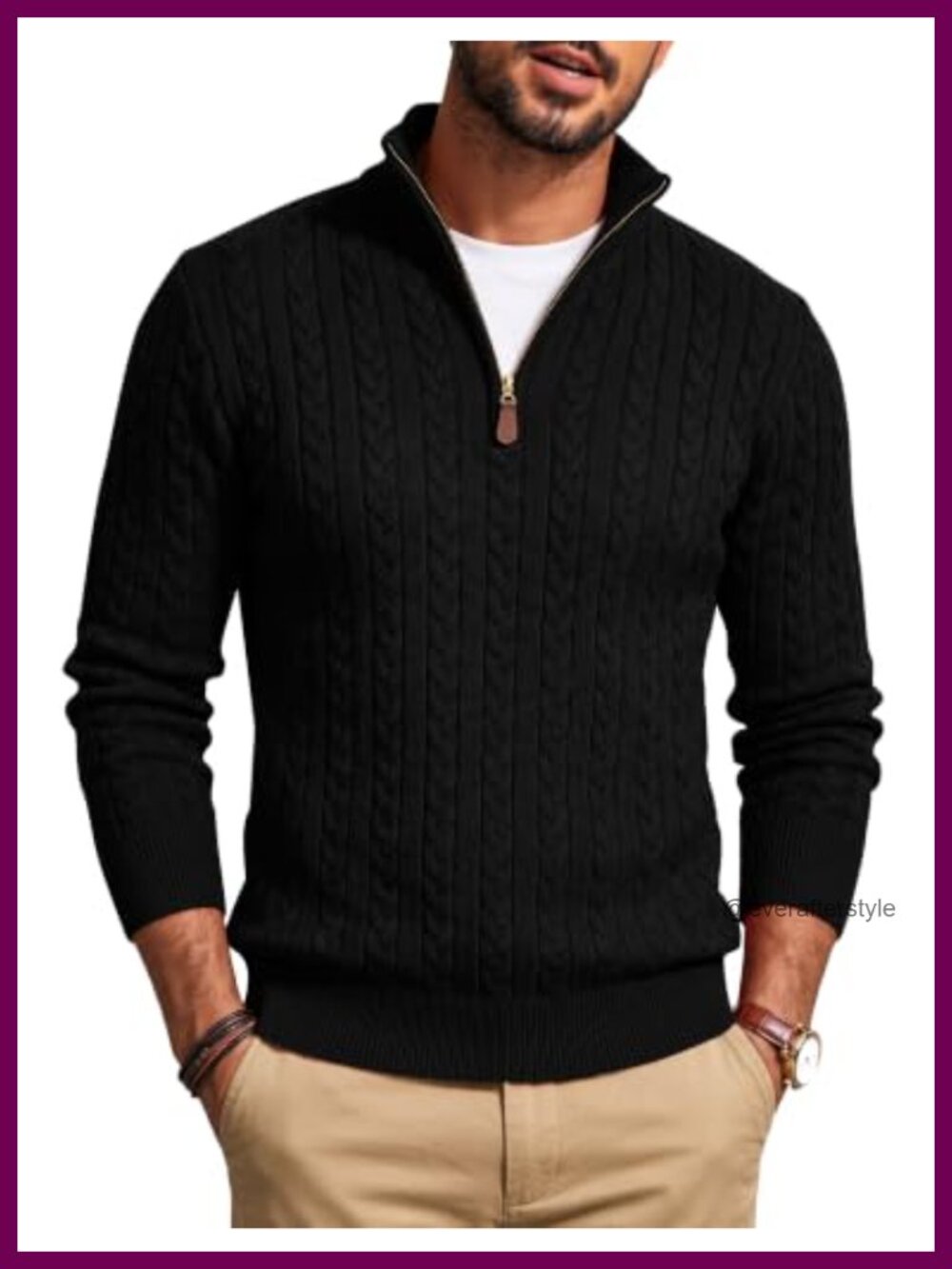Mens Quarter Zip Pullover Sweater Cable Knit Stand Collar